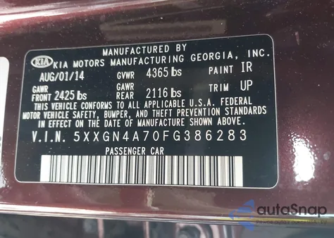 2015 Kia Optima Ex из США, поврежденный, VIN 5XXGN4A70FG386283